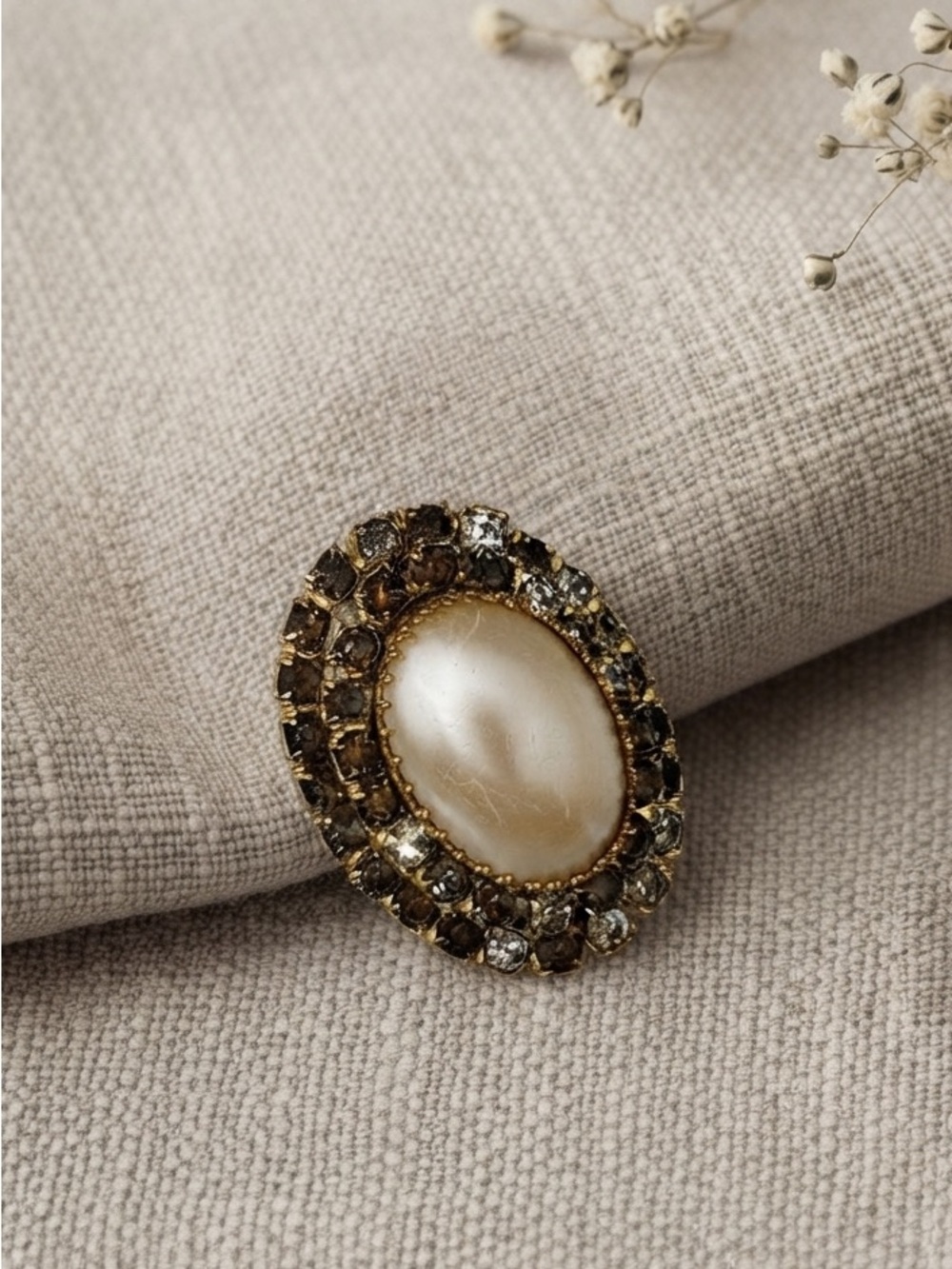 Vintage Regal Faux Pearl & Smoky Rhinestone Tiered Brooch